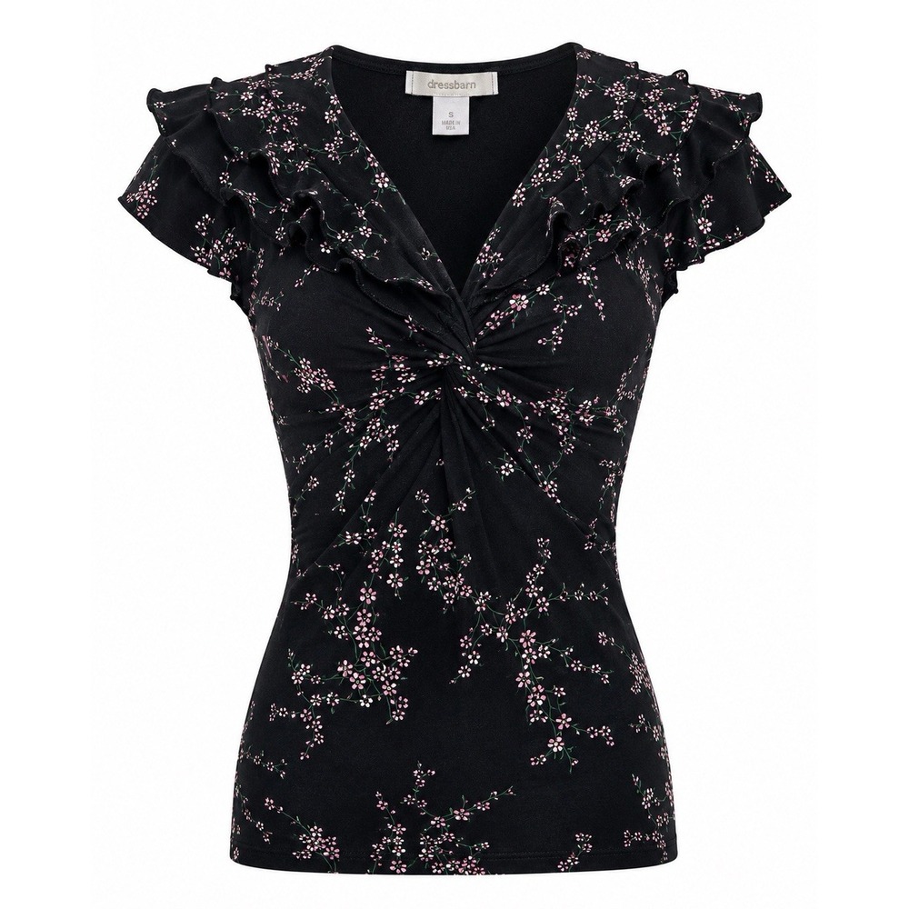 Vintage Y2K DressBarn Babydoll Black Floral Top Sz S Fairycore Dark Coquette